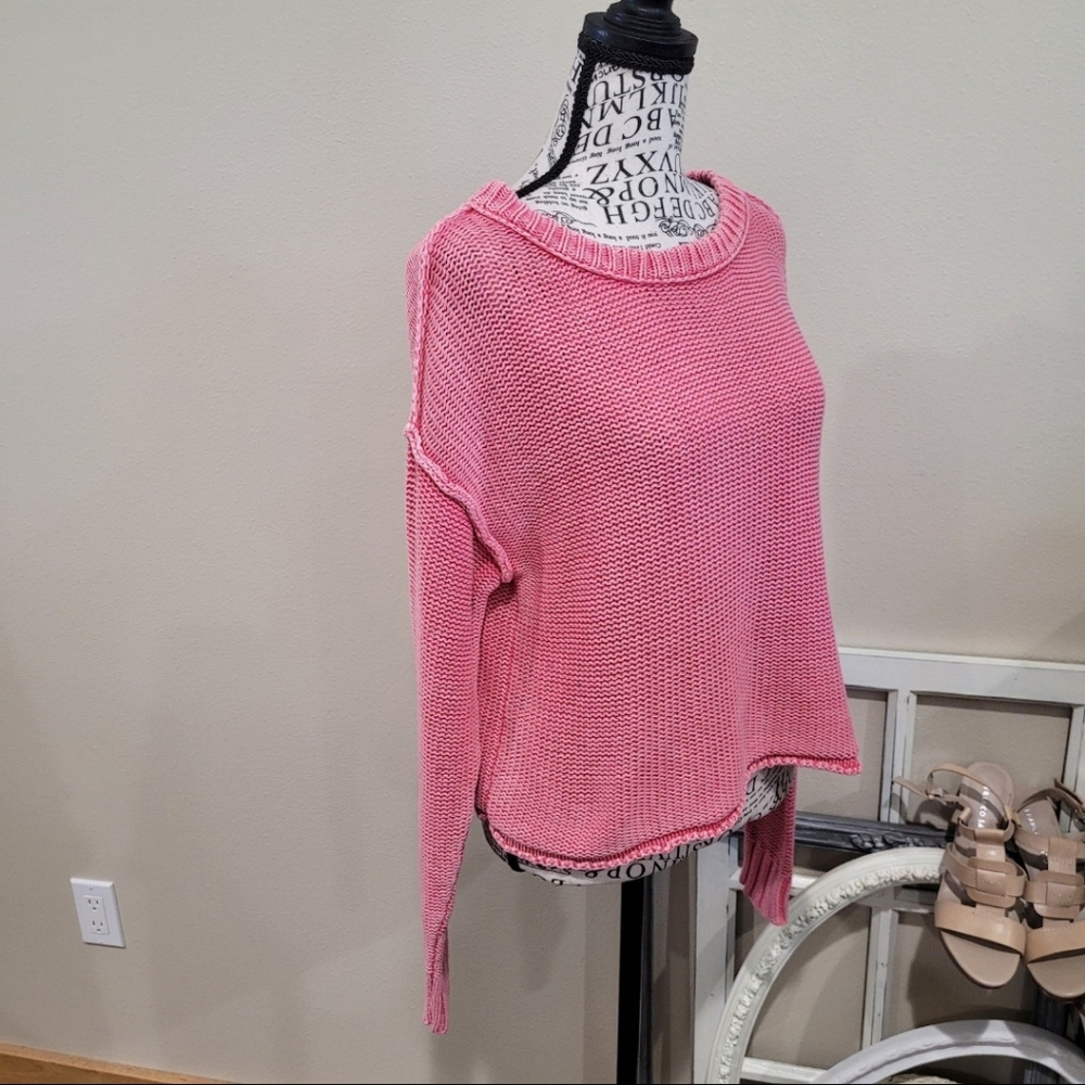 American Eagle Womens SZ XS Oversized crop Cotton‎ Knit Sweater distressed Pink - Picture 7 of 11